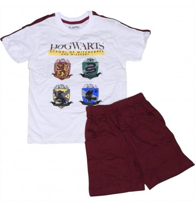 Completo Magico Bambino Hogwarts: T-Shirt Bianca 'Hogwarts' e Pantaloncino Bordeaux