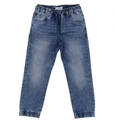 Pantaloni jeans blu medio, elastico in vita e caviglia, comodi e robusti.